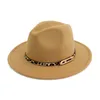 Fashion  -  Trilby Fedoras Hat LeopardプリントベルトバックルトレンドウールフェルトギャンブラーハットフラットブリムジャズFedora Hats