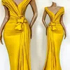 Yellow 2020 African Evening Dresses Pleats Knoted Mermaid Prom Gowns V Neck Short Sleeve Ruffles Formal Party Celebrity Gowns