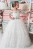 Piękny Księżniczka Kwiat Girl Dresses Sweep Pociąg Dziecko Pierwsza Komunia Suknie na ślub Z Koronkowymi Aplikacje Kids Party Nosić Custom
