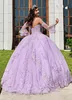 2020 New Lilla Abiti Quinceanera Sweetheart Applique in pizzo Corsetto Indietro Tulle Satin Pageant Maniche lunghe Juliet Sweet 16 Party Ball Gown