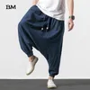 Chinese Style Cotton Linen Men's Cross-Pants Hip Hop Elastic Waist Loose Baggy Hakama Harmen Pants Harajuku Wide Leg Trousers