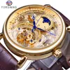 Forsining 2018 Royal Golden Skeleton Display Blue Hands Brown Genuine Leather Belt Mens Mechanical Wristwatches Clock Male