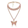 Luxury Women Necklaces Iced Out Cuban Link Chains Butterfly Pendant Crystal Rhinestone Animal Hip Hop Punk Jewelry Gift Gold Pink White K Gun Black