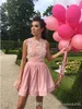 Pas cher Blush Rose Simple Une Ligne Courte Robes De Soirée En Dentelle Applique Jewel Cou Au-dessus Du Genou Longueur Robe Formelle Queue Robes De Soirée pplique Bove