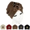 Fashion-Winter Ciepłe Czapki Kobiety Skullies Soft Knit Bow Woolen Ladies Metal Jewel Accessory Crochet Cap Headwrap