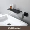 Torneira cascata preta fosca montada na parede, torneira para banheira de banheiro, plataforma grande, misturador de água de qualidade 8445456