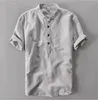 Stand Collar Men's Short Sleeve Linen Cotton Shirt With Botton White Green Blue Summer Casual Shirts Men New225R