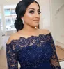 Elegant Navy Blue Mother Of Bride Dresses Off Shoulder Lace Appliques Crystal Beaded Long Sleeves Sweep Train Plus Size Formal Wedding Guest Gowns Mothers Dress