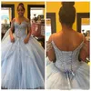 Blue Light Sky Ball Gown Beading Quinceanera klänningar från axelremmarna Tulle Tiered kjol Custom Made Sweet Pageant Dress