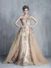 Evening Dresses with Detachable Train Champagne Beads Mermaid Prom Dress Lace Applique Luxury Party robes de soirée