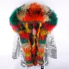 ブルーフォックスファーライニングカモフラージシェルロングパーカーアライグマラグーン毛皮の毛皮の敷居女性毛皮ジャケットドイツフランス