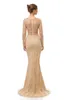 2019 Elegant Champagne Luxury Beaded Crystal Mermaid aftonklänningar Yousef Aljasmi Robe de Soiree Sheer Tulle Neck Arabic Prom Fo4448821