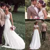 New Cheap Bohemian Beach A Line Wedding Dresses Summer Jewel Neck Illusion Lace Appliques Cap Sleeve Chiffon Sweep Train Formal Bridal Gowns