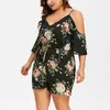 Floral Ombro Frio Cintura Alta Espaguete Cintas Curtas Jumpsuit Mulheres Moda BodySuit V-Pescoço Off Romper Plus Size 5xl1