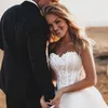 A Line Beach Wedding Dresses Strapless Sleeveless Beadings Appliques Tulle Wedding Dresses Court Train Boho Bridal Gowns