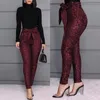 Glitter Sequins Belted Skinny Pants Women Bow Tied High Waist Pockets Design Pencil Pants Party Clubwear