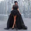 2020 Hoge Low Black Lace Prom Dresses Sexy Off Shoulder Sweep Train Avond Party Jurken Speciale Gelegenheid Jurk