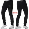 Mens Casual Skinny Jeans Calças Sólidas Preto Rasgado Beggar Fit Denim Com Joelho Buraco Para Jovens