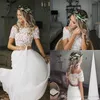 Pezzo modesto due abiti da spiaggia top con scollo a barca in chiffon abito da sposa country manica corta bottone sul retro abito da sposa in pizzo economico