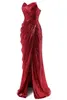 2020 반짝 이는 레드 스팽글 여성 이브닝 드레스 인어 긴 Strapless 사이드 슬릿 정식 가운 Pleat Prom 파티 드레스 Custom Vestido Festa Longo