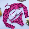 Leopardmönster Bikinis Sexig Backless Tre-Piece Swimwear Suit Ny Långärmad Rosa Neon Green Bikini Baddräkt Kvinna