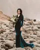 Vintage Dark Green Velvet Mermaid Wedding Dresses With Long Sleeves V Neck Plus Size Sweep Train Modern Bridal Party Gowns For Beach Garden