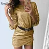 Feefair Women Winter Långärmad Sequin Dress Tunika Hög midja Trendig Elegant Sexig Shining Party Club Mini Dress Vestido 2018