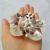 Handmade Jewelry Floral Brooch Amethyst and Freshwater Pearls Natural Mother of Pearl White Shell 5 Pieces