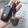 ファッションミッキーヘッドラインストーンラグジュアリークリスタルレザーストラップLlavero Alloy Car Keychainキーチェーンバッグチャームポートクレフ