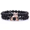 2pcs / Set Charm de luxe Micro Pave CZ Tête Léopard Crown Beads Breads Bracelets Couple Bijoux 8mm Stone Naturel Noir Noir Bracelet perlé noir