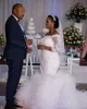 African Mermaid Wedding Dresses Bateau Neck Lace Appliques Beads 3/4 Sleeves Lace Up Back Train Tiered Tulle Formal Bridal Gowns