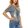도매 여성 캐주얼 여름 T 셔츠 2,019 짧은 배트 윙 슬리브 느슨한 콜드 어깨 깃털 인쇄 티 셔츠 플러스 사이즈 T 셔츠 S-5XL 탑