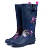 Hot Sale-Plus Stor Storlek: 35-42 Mode Kvinnor Gummi Regn Stövlar Anti-Slip Flower Print Rainboots Tall Wellies Knee-High Water Shoes Woman