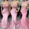 Moda Blush Różowa Koronka Satyna Syrenka Prom Dresses Z Długim Rękawem Koronki Aplikacja Formalna Party Suknie Wieczorni Suknie Vestidos de Fiesta Ogstuff