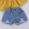 Baby-Outfits, gelbe Oberteile mit ausgestellten Ärmeln + Denim-Shorts mit Löchern, 2 Stück/Set, 2019 Sommermode, Boutique-Kinderkleidungssets B11