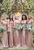 Bling Sparkly Bridesmaid Rose Gold Liginas Cheap Mermaid Duas peças Vestidos de festa de praia sem costas de campo Vestido de convidado de casamento 0424