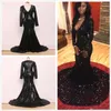 2019 Svart Sexig Deep V Neck Prom Klänningar Långärmade Sparkly Sequins Sweep Train Formal Occasion Wear Party Ball Gowns