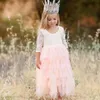 Fall 2019 ny design liten drottning blomma flicka klänning juvel nacke v bak spets och tull tiered barn klänningar för bröllop