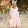 Herbst 2019 Neues Design Kleine Königin Blumenmädchen Kleid Jewel Neck V Zurück Spitze und Tull Tiered Kids Kleider für Hochzeiten