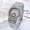 Mens Horloge Quartz Mening Auto Date Full Diamond Rose Gold Black Case Strap Mannelijke Klok Roestvrij GRATIS VERZENDING