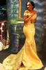 Yellow African Nigerian Mermaid Prom Dresses Off Shoulder Lace Sequined Satin Plus Size Evening Gowns Holidays Graduation Wear Abendkleider