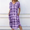 QNPQYX Kobiety Lato Casual Sukienka Krótki Rękaw Tie-Dye Drukuj Średniej Długa Dress V-Neck Side Splited Kieszenie Suknia Duży Rozmiar Vestidos Dropshipping