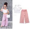 Kids Designant Ubrania Dziewczyny Letni Strój Dziewczyny Słodkie Pink Top Z Pasem + Białe Flarne Spodnie