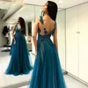 Teal Prom Dresses 2019 A-Line Appliques V Neck Beaded Backless Tulle Slit Party Maxys Long Prom Gown Evening Dresses Robe de Soiree