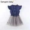 Meninas Vestidos Bebê Princesa Denim Vestido Verão Boutique Vintage Vestido Vintage Sleeve Tutu Tulle Vestidos Designer Casual Party Dance Vestidos B6402