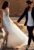 Sexy Romantique plage bohème robes de mariée en ligne A-manches bon marché sans cou de profondeur en couches à couches zipper Back Bridal Custom Made 0430
