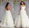 A Line Wedding Dress Spaghetti Sleeveless Backless Tiers Feathers Tulle Wedding Dresses Floor Length Boho Bridal Gowns