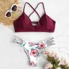 Vinho floral Bikini Cut Flower bandage duas peças das mulheres Swimsuit oco Pushups Swimwear Fashion Star Beachwear # YL5 brasileira