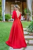 2020 Nieuwe Collectie Mode Red Suits Prom Jurken V-hals Satijn 3/4 Lange Mouwen met Overskirts Backless Party Plus Size Avondjurken