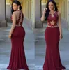 Burgundy Sheer Långärmade Sleeves Mermaid Formal Aftonklänningar 2020 Afrikanska Jewel Lace Appliques Modest Arabiska Prom Party Gowns for Woman